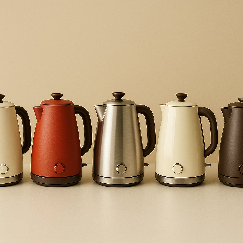 Five electric kettle formats in coordinated finishes