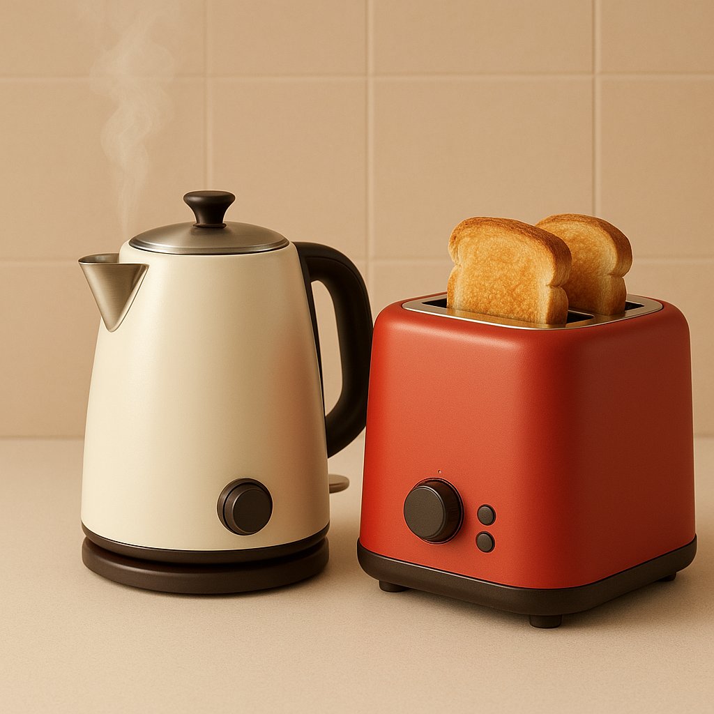 Buttercream kettle and tomato-red two-slice toaster arranged on a breakfast counter